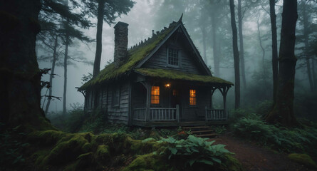 witch cottage deep in scary foggy dark forest