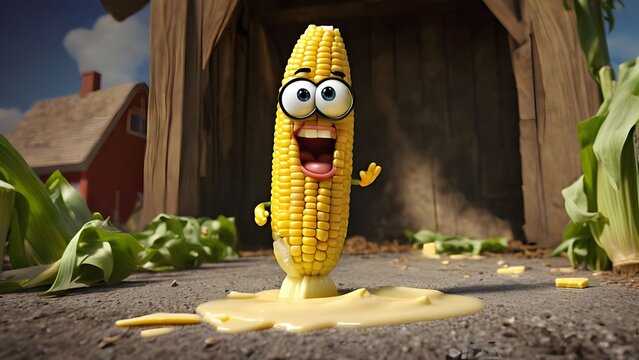 the maize cob character might be slipping on its own butter trail creating a funny oops moment.