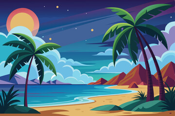 a tropical beach scene with palm trees and the moon