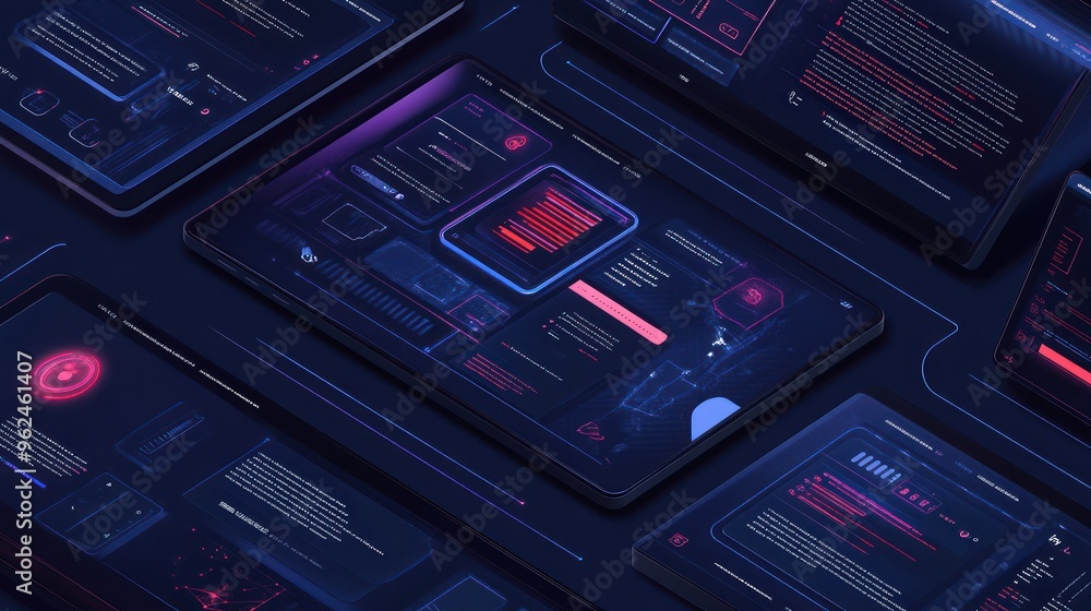 Poster futuristic interface design with screens displaying digital information