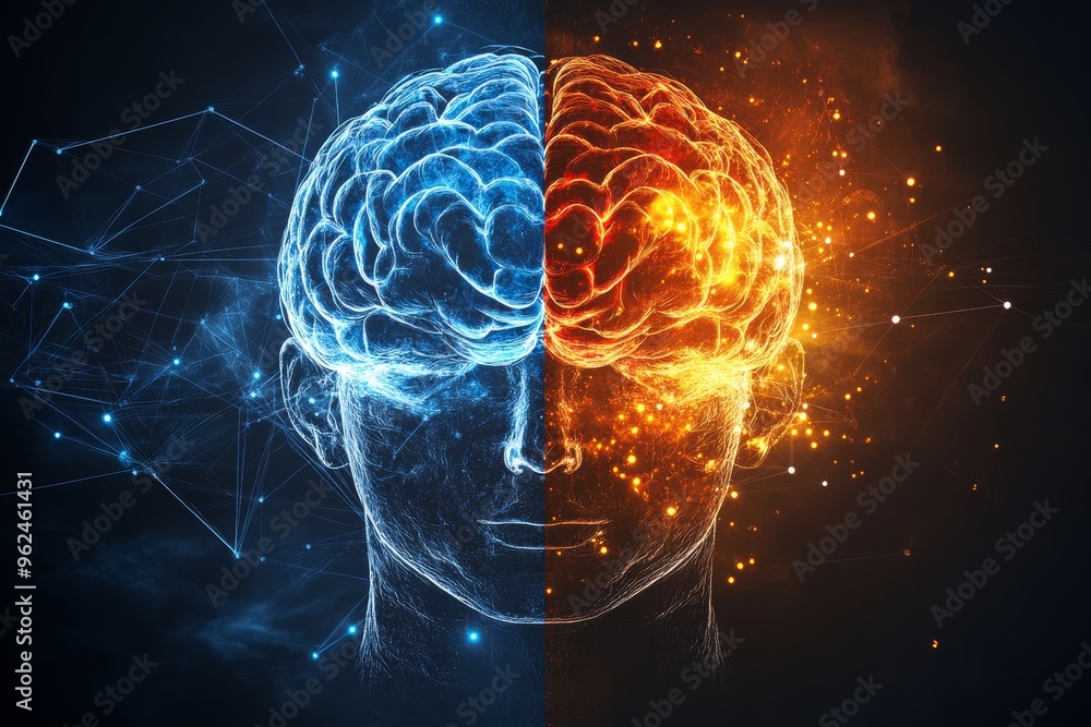 Aufkleber brainpower neural function surreal glowing illustration of two brains with fiery connections symboli