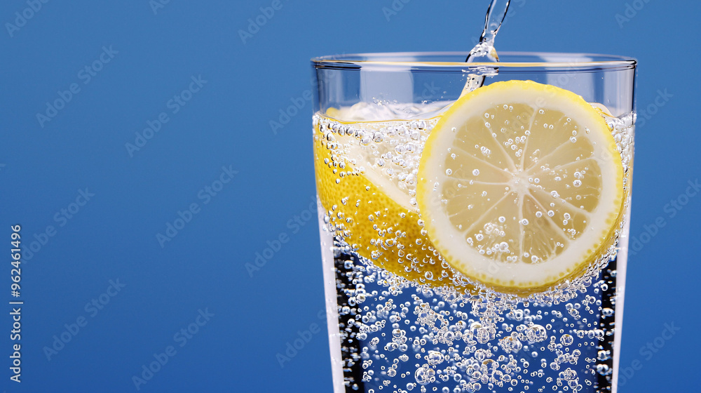 Poster refreshing bubbles rise in glass of sparkling water with slice of lemon, creating vibrant and inviti