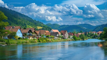 Fototapeta premium Scenic riverside view with charming houses and lush hills under a blue sky with clouds.