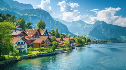 Fototapeta premium Scenic lakeside village surrounded by mountains and lush greenery under a bright sky.