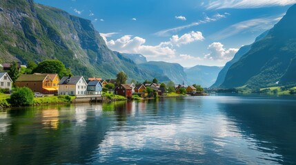 Fototapeta premium Scenic view of a tranquil fjord with colorful houses and mountains.