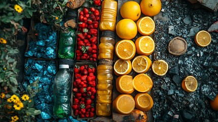 Fresh fruit and drinks on a stone background.