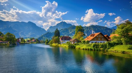 Fototapeta premium Scenic lake surrounded by mountains and charming homes under a bright, blue sky.