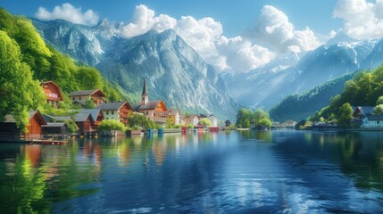 Fototapeta premium Serene lakeside village surrounded by mountains and lush greenery under a bright sky.