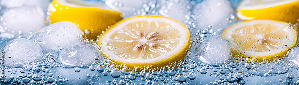 Poster fresh lemon slices float in sparkling water, surrounded by ice cubes, creating refreshing and vibran