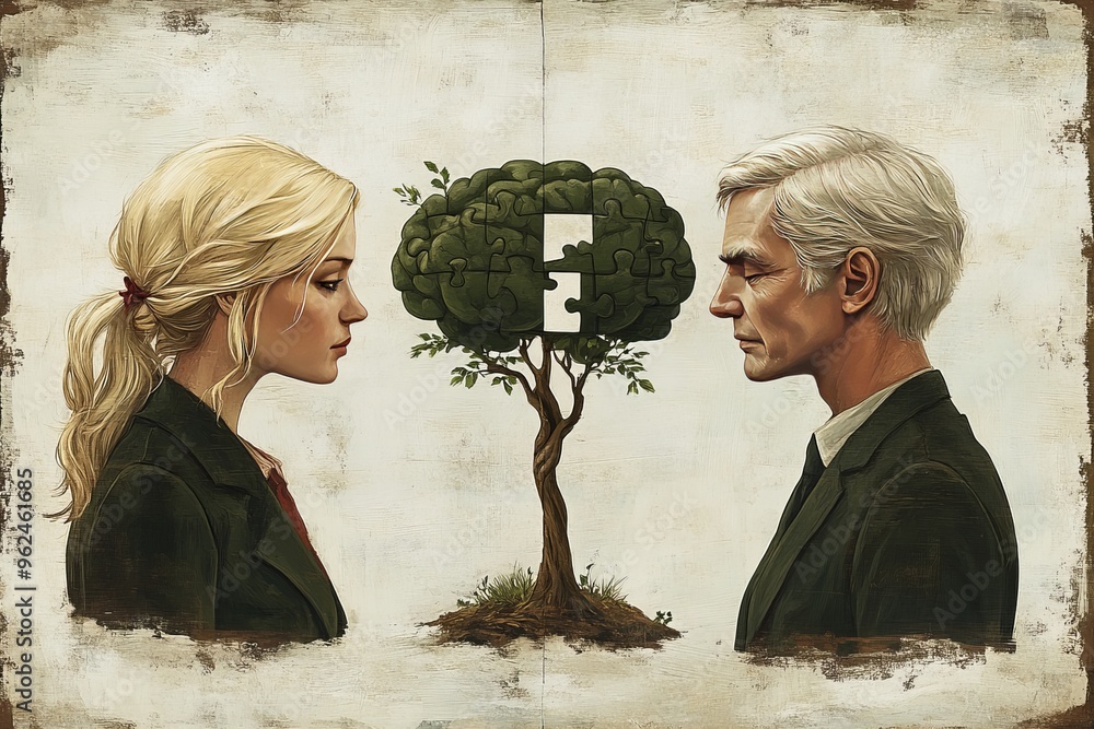 Poster neural capability neural function vintage style illustration of a man and woman with puzzle shaped b