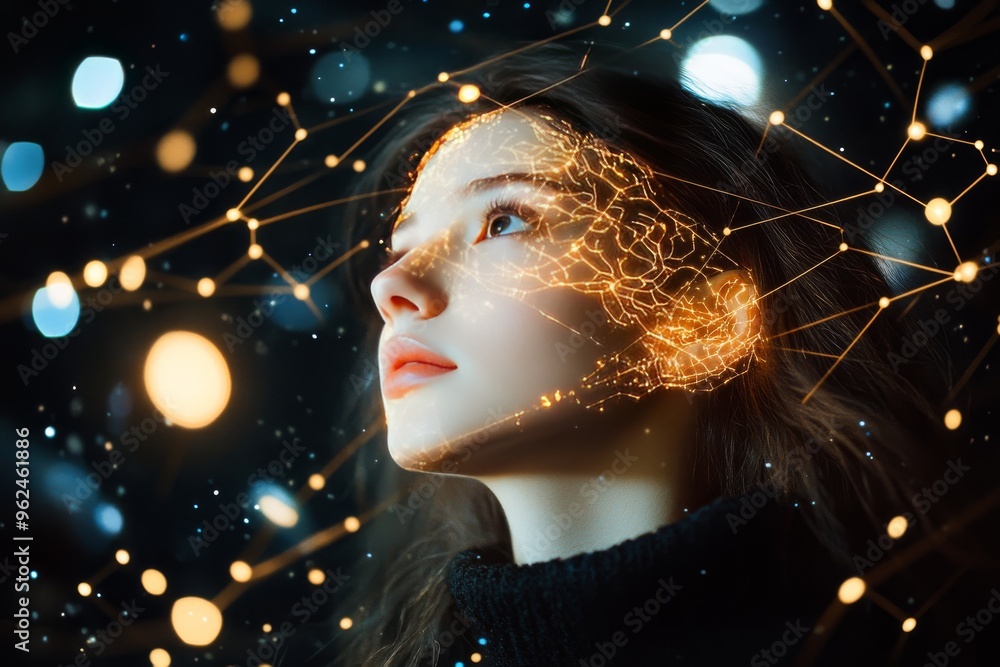 Poster cognitive processing cerebral function conceptual futuristic woman looking upwards with neural conne