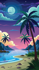 Obraz premium a tropical beach scene with palm trees and the moon