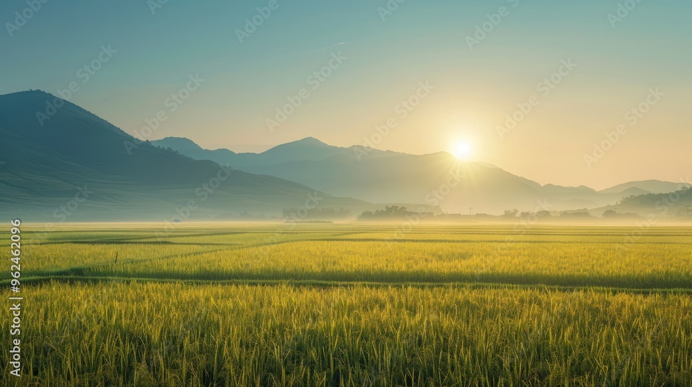 Wall mural Serene landscape at sunrise over lush rice fields and rolling hills.