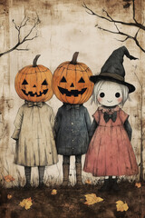 vintage style illustration of spooky trick-or-treaters halloween pumpkin and witch card invitation