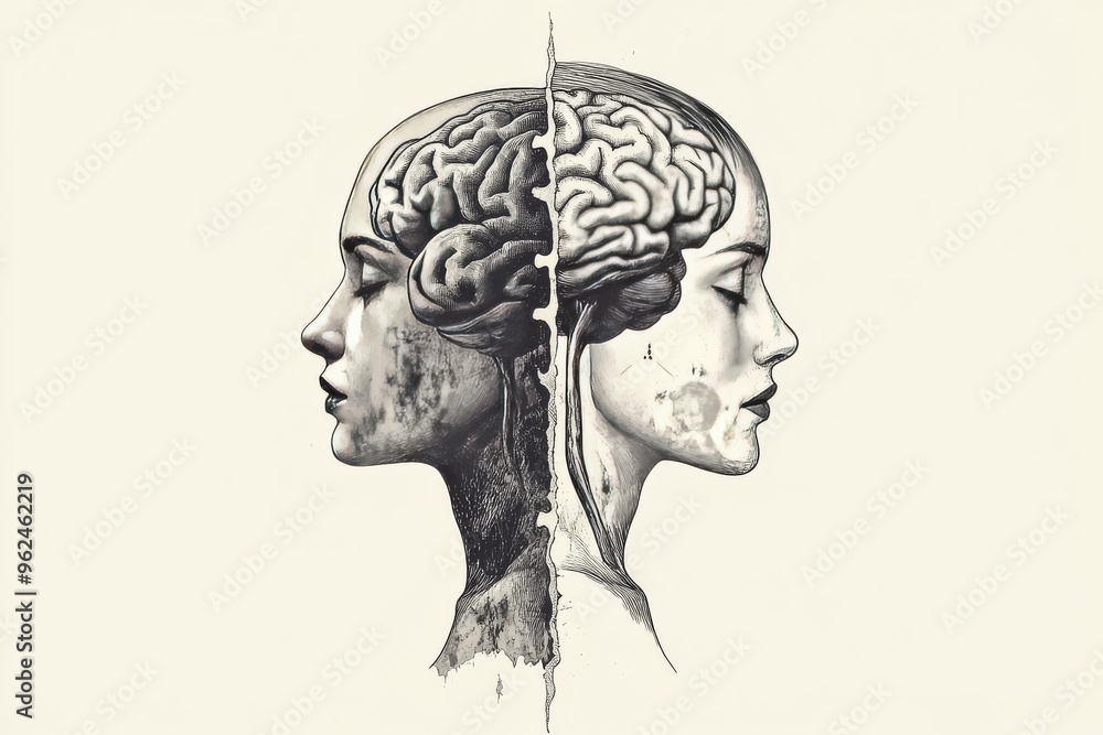 Poster neurofunction cerebral function symmetrical illustration of human heads cut in half with intricate b