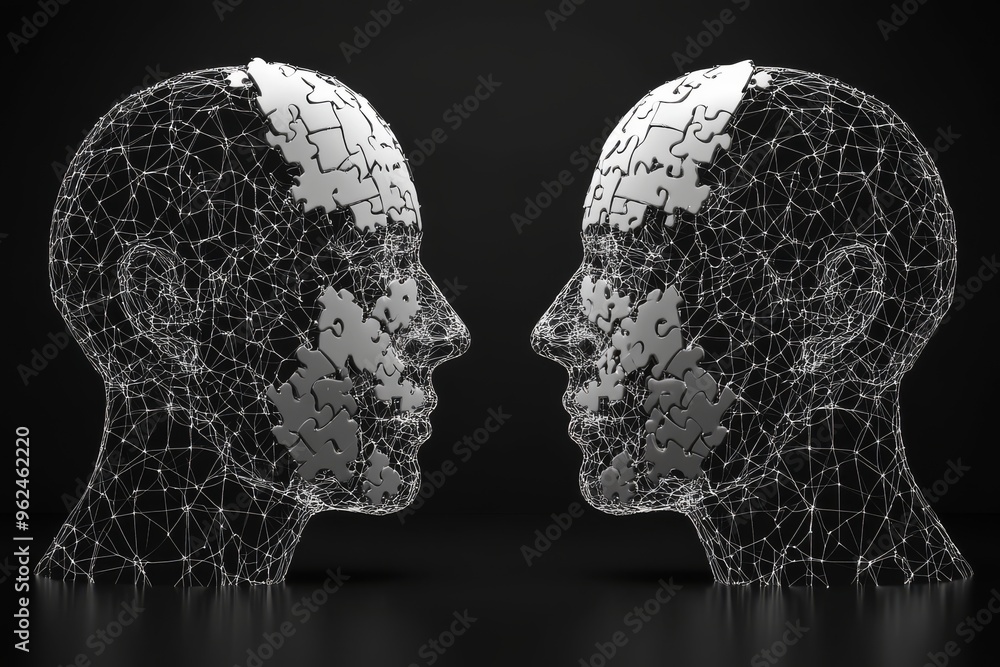 Poster brain chip cerebral function abstract representation of two mirrored human profiles made from interc