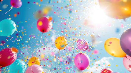 Colorful balloons and confetti floating in a bright blue sky, creating a festive atmosphere.