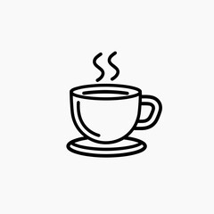Obraz premium This icon features a clean black line drawing of a steaming coffee cup on a saucer, perfect for representing beverages in various designs and applications