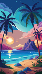 a tropical beach scene with palm trees and the moon