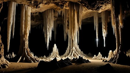 in a deep cave, stalactites and stalagmites gleam in the dim light, creating stunning natural sculptures untouched by human hands