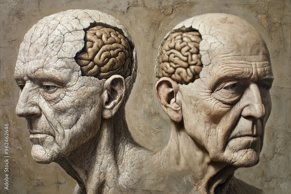 Poster cerebral activity cerebral function realistic illustration of elderly men with exposed brains symbol