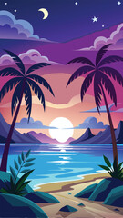 a tropical beach scene with palm trees and the moon