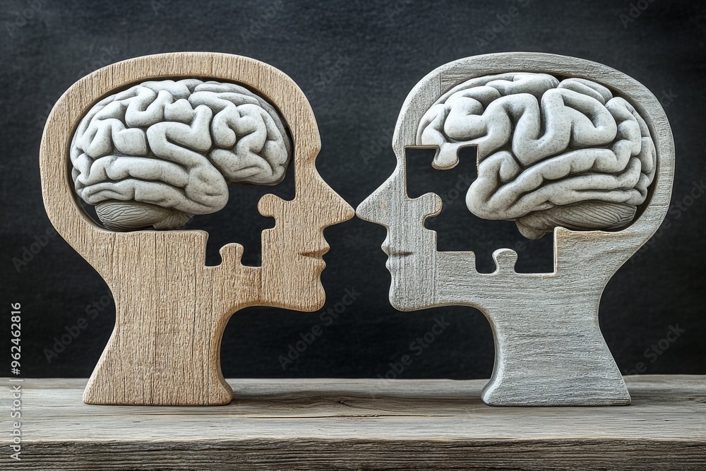 Aufkleber neural dynamics cerebral function conceptual wooden sculptures of human heads with exposed brains il