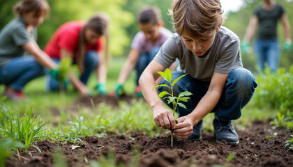 A young volunteer plants a tree at a community gardening event focused on sustainability.







