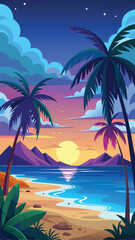 Obraz premium a tropical beach scene with palm trees and the moon