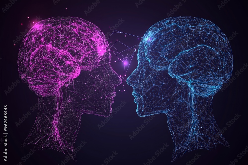 Aufkleber cognitive cerebral function glowing wireframe silhouettes of two faces facing each other representin