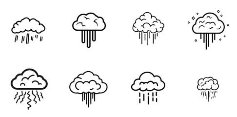A collection of eight distinct vector rain cloud icons illustrating different rainfall styles, perfect for use in weather applications, designs, or educational materials