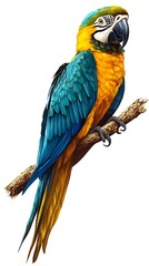 Obraz premium Blue-and-yellow Macaw, Yellow and Blue on White Background, Realistic Photo, Texture, Pattern Background, Wallpaper, Cover and Screen of Smartphone, PC, Laptop, 9:16 and 16:9 Format