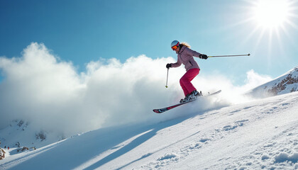 A skier leaps in snowy mountains on a sunny day, leaving clouds of snow and dust in his wake.







