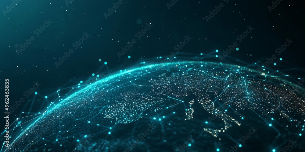 Poster dynamic illustration of global communication networks with blue and green glowing pathways across a 