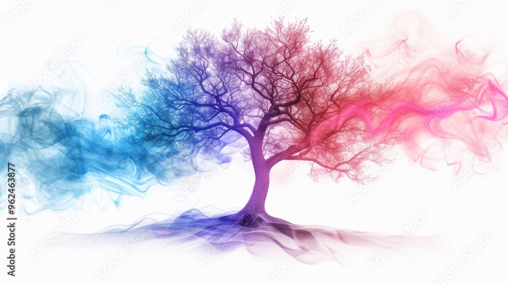 Poster artistic portrayal of a tree with branches spreading out into swirling multicolored smoke against a 