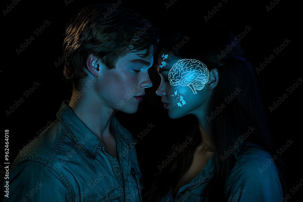 Aufkleber cognitive processing brain activity artistic depiction of two young people in an intimate moment wit