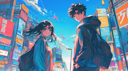 Fototapeta premium A vibrant cityscape featuring two young characters against a backdrop of colorful advertisements.