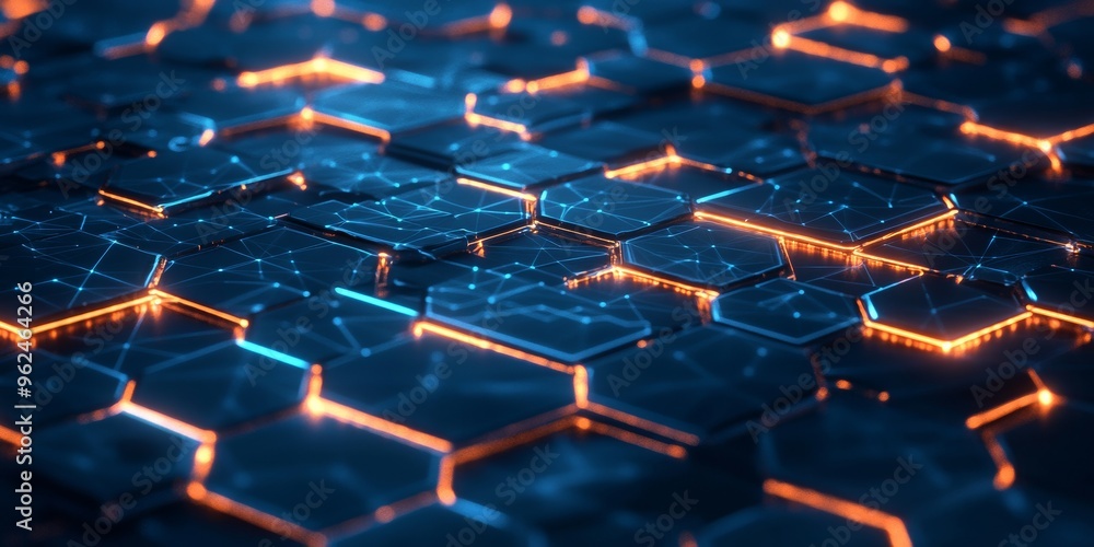 Poster glowing geometric shapes connected by light pathways in a futuristic digital world, representing inn