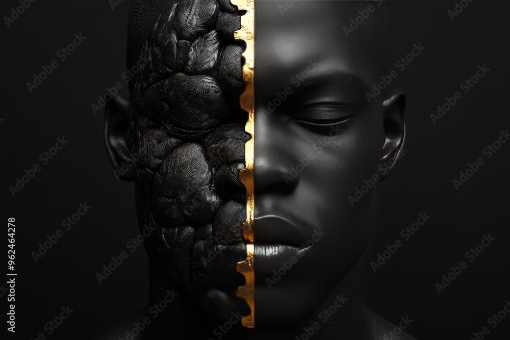 Poster mental processing brain activity abstract portrait of a man with half his face removed revealing int