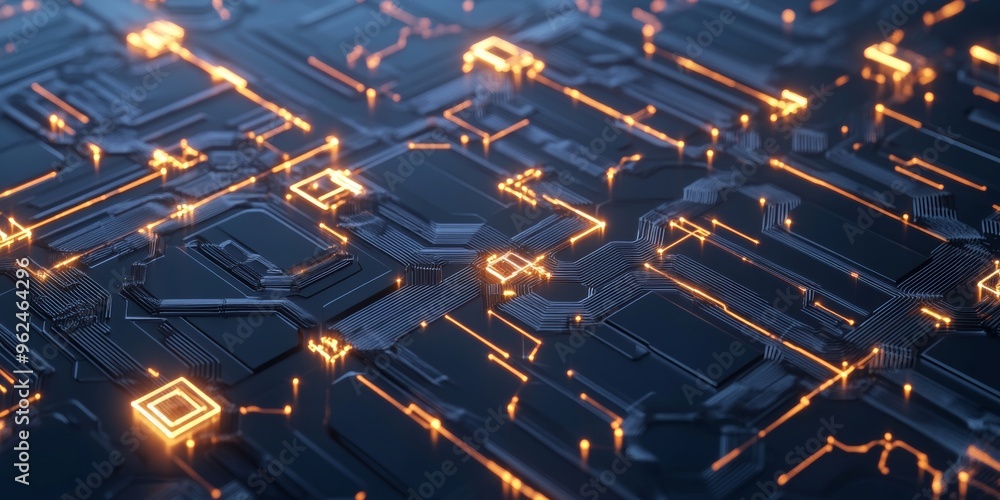 Poster glowing geometric shapes connected by light pathways in a futuristic digital world, representing inn