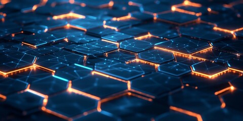 Fototapeta premium Glowing geometric shapes connected by light pathways in a futuristic digital world, representing innovation in engineering and artificial intelligence