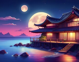 A tranquil Japanese house sits on stilts by the water under a full moon