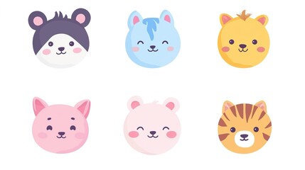 Set of 6 Cute Kawaii Animal Avatars on White Background. Each Avatar Features a Unique, Adorable Design in Vector Style, Perfect for Fun and Playful Representations