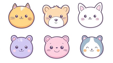 Set of 6 Cute Kawaii Animal Avatars on White Background. Each Avatar Features a Unique, Adorable Design in Vector Style, Perfect for Fun and Playful Representations