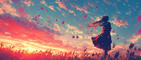 Fototapeta premium Beautiful sunset with a colorful sky in digital art, creating a calming and inspirational scene with nature and music motifs