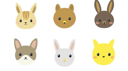 Set of 6 Cute Kawaii Animal Avatars on White Background. Each Avatar Features a Unique, Adorable Design in Vector Style, Perfect for Fun and Playful Representations