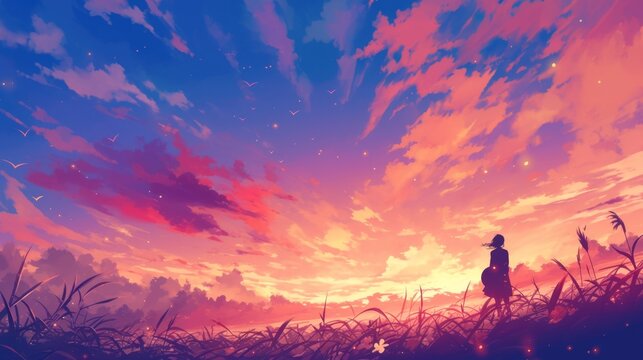 Stunning sunset under a vibrant sky, digital art style with calming and inspirational elements, blending nature and music themes in a serene illustration