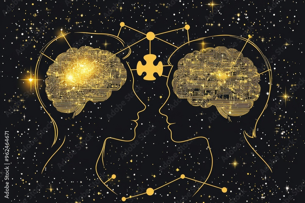 Poster cerebral processing brain activity cosmic representation of two human profiles with golden brains an