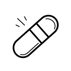 This vector illustration features a simple line icon of a capsule, symbolizing medication or drugs, ideal for health-related applications or websites