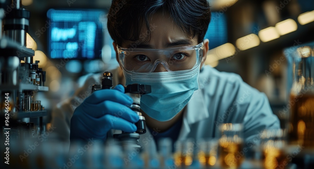 Poster scientist in lab looking through microscope